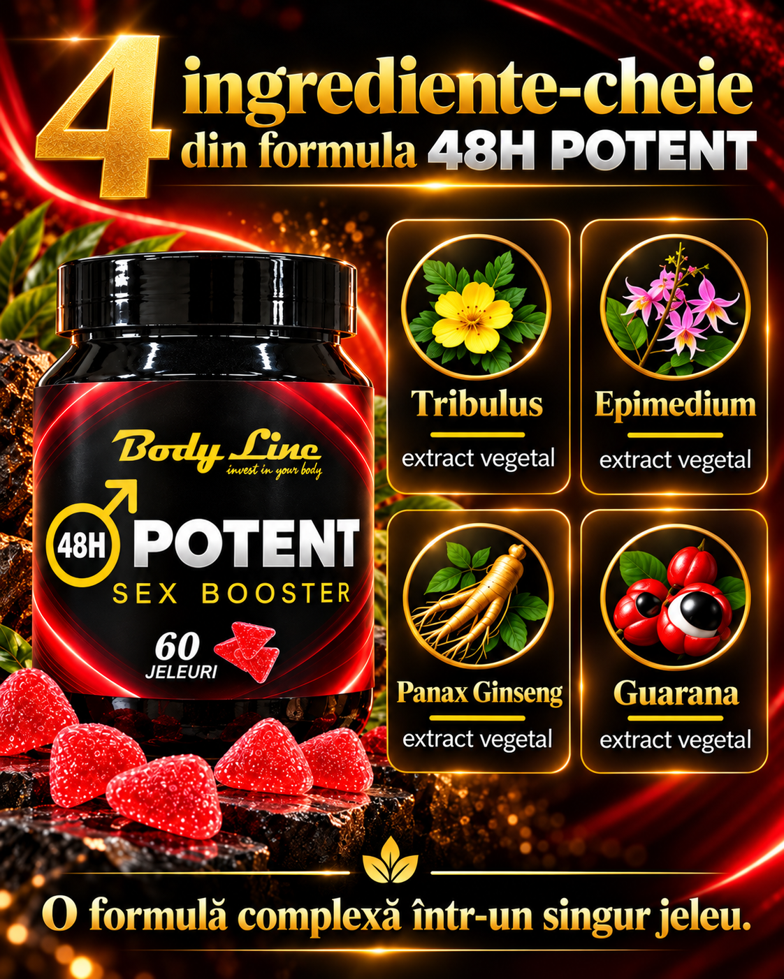 Banner cu ingrediente-cheie din formula 48H Potent: Tribulus, Epimedium, Panax Ginseng și Guarana