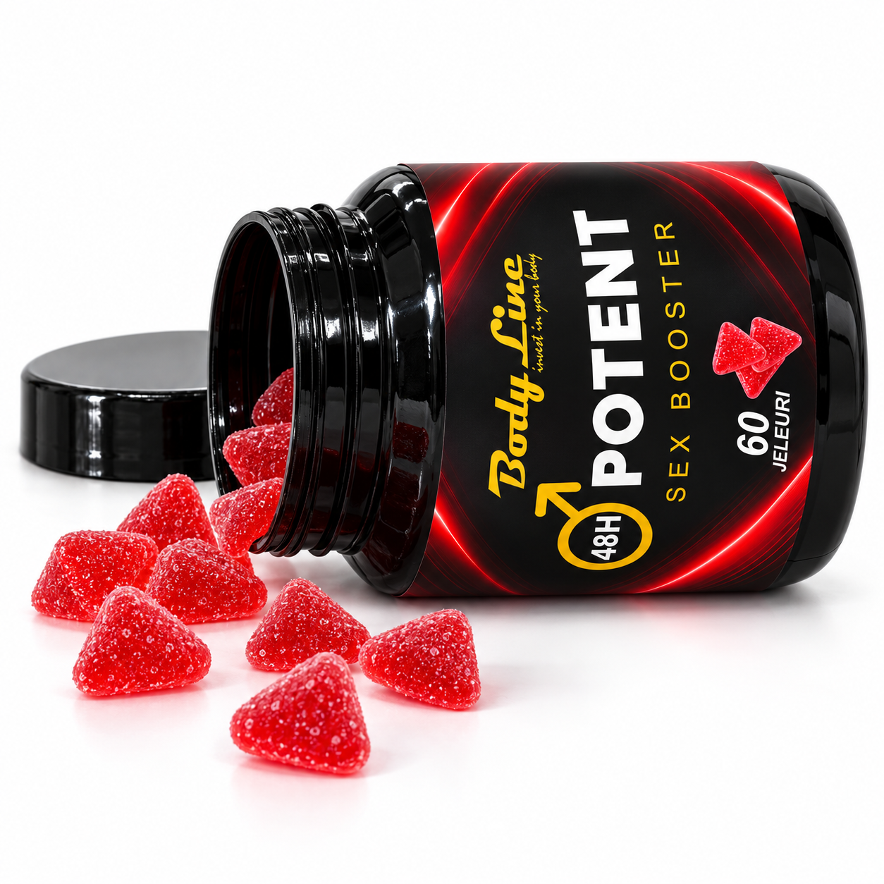Flacon 48H Potent deschis, cu jeleuri roșii vărsate pe fundal alb