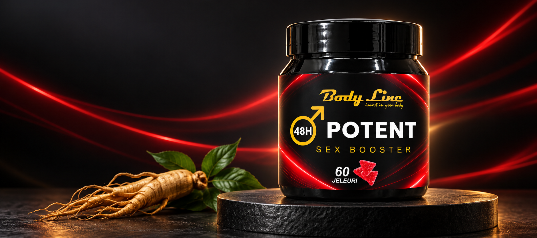 Banner 48H Potent Body Line cu flacon de 60 de jeleuri pentru potenta și prezentarea formulei pentru bărbați