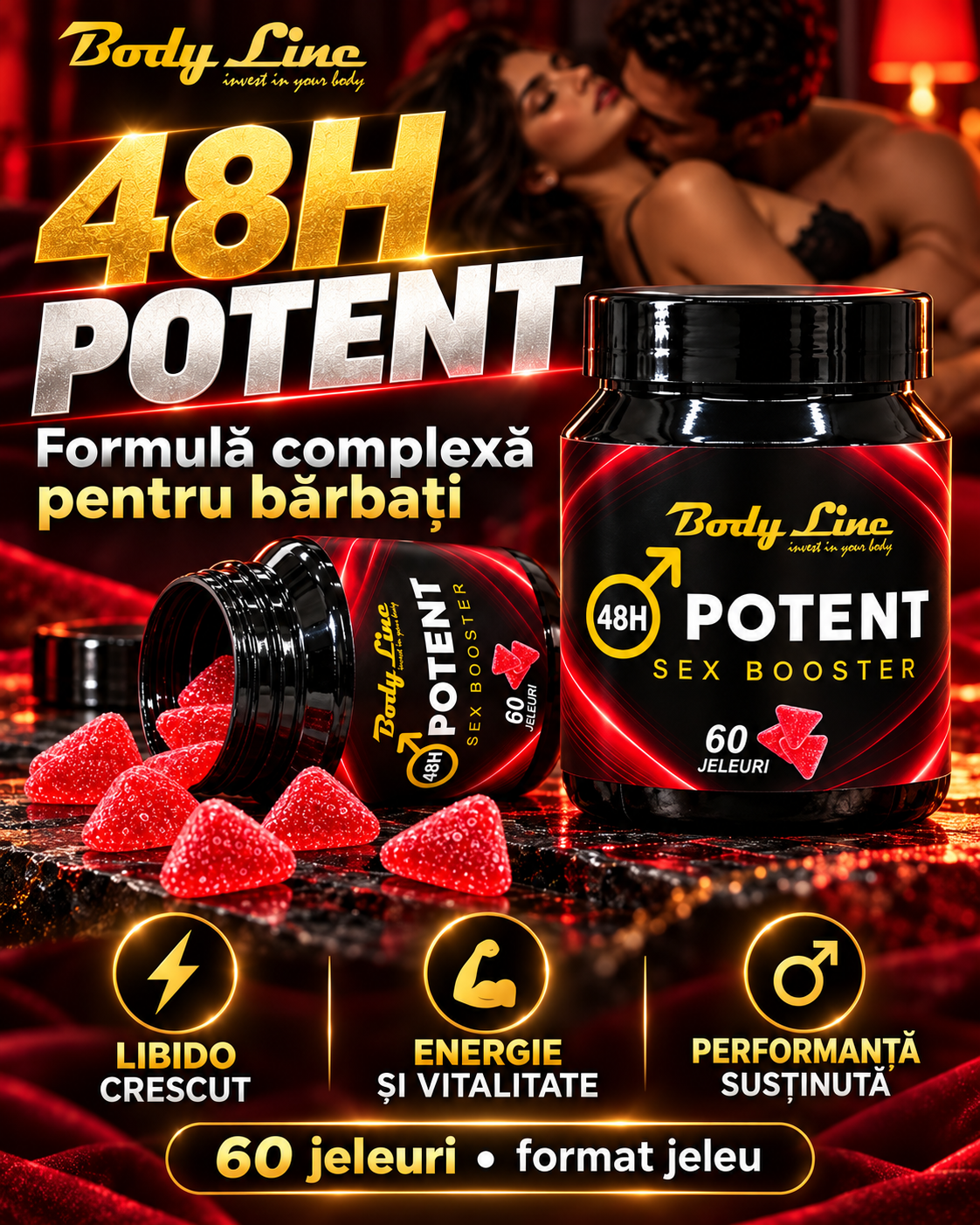 Banner 48H Potent Body Line cu flacon de 60 de jeleuri potenta și prezentarea formulei pentru bărbați