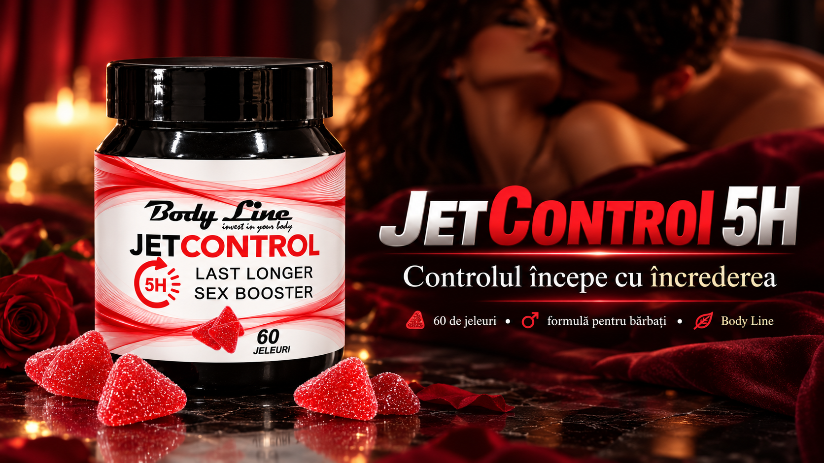Flacon JetControl 5H și jeleuri roșii pe o masă, într-un decor nocturn