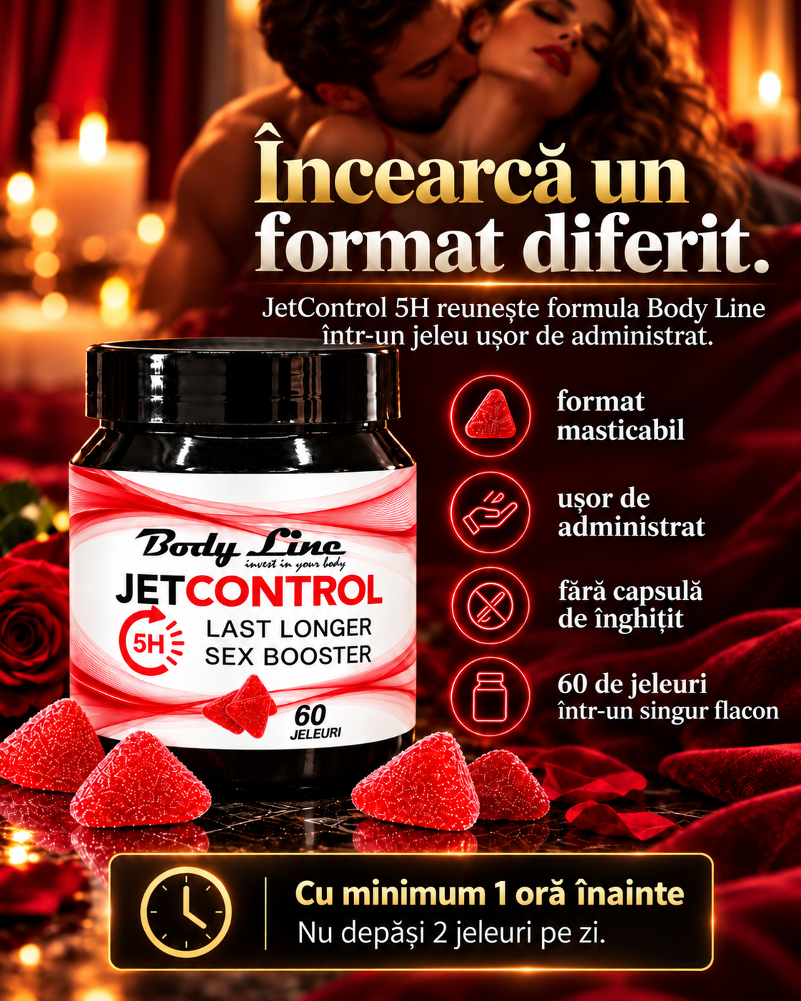 Flacon JetControl 5H și jeleuri roșii pe o masă, într-un decor intim