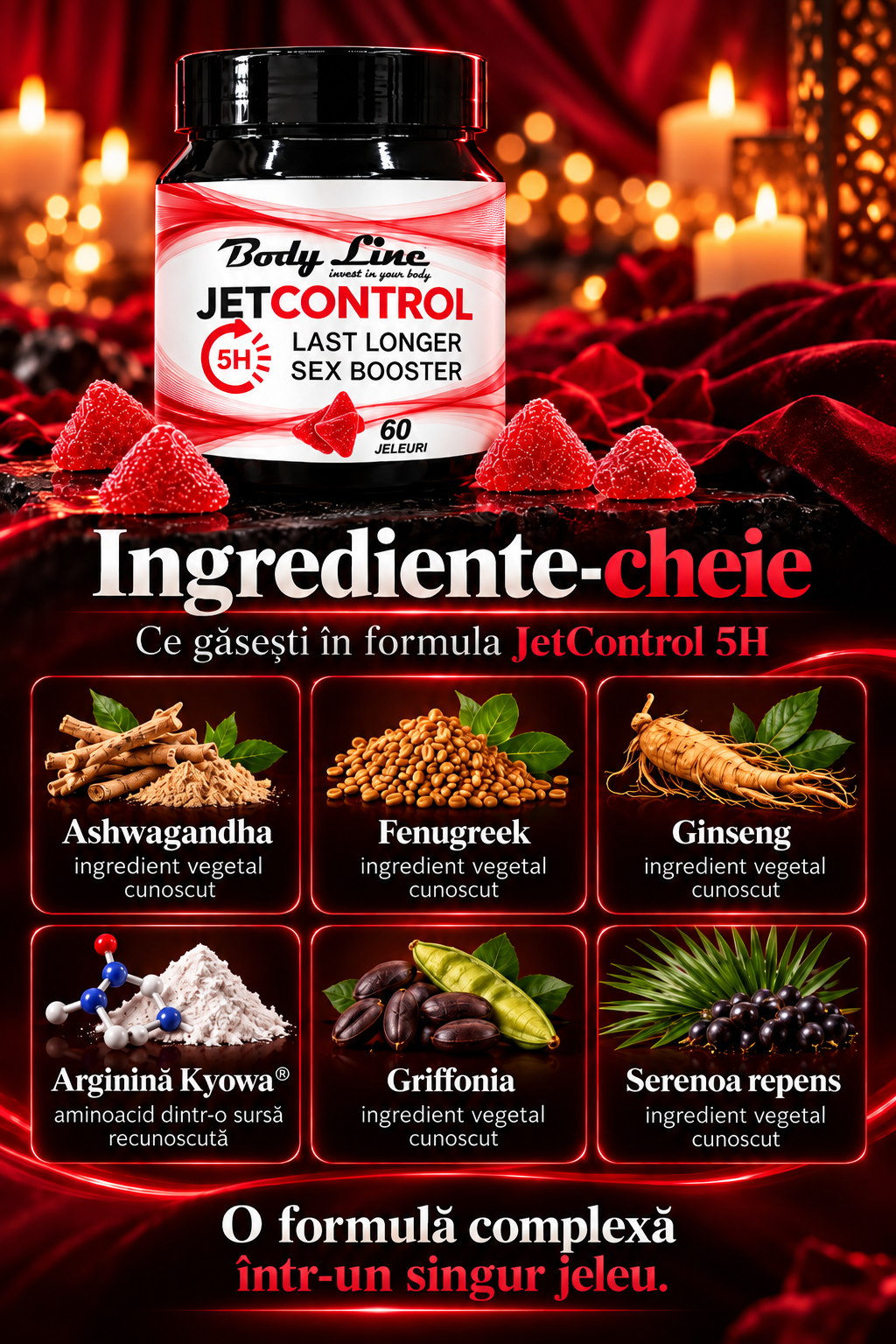 Flacon JetControl 5H cu jeleuri roșii, semințe de schinduf și rădăcini într-un decor nocturn