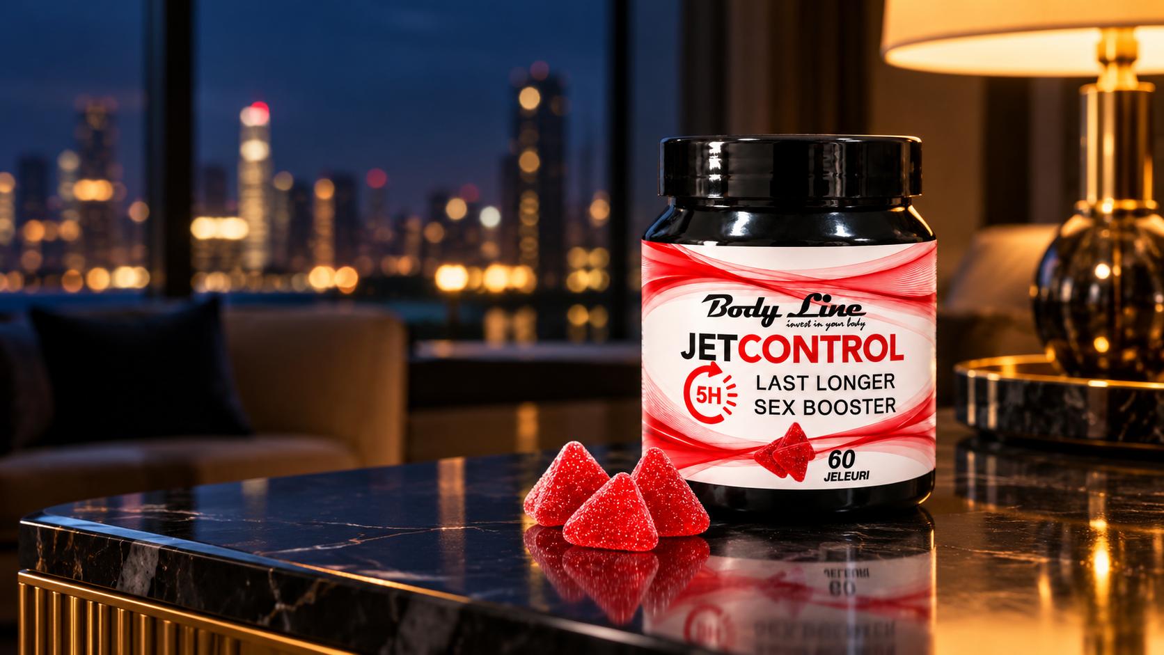 Flacon JetControl 5H și jeleuri roșii pe o masă, într-un decor nocturn cu lumină caldă